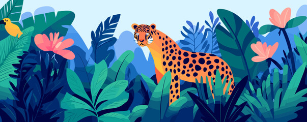 Leopard in tropical jungle with lush foliage and bird, vibrant nature scene, vector.