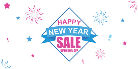 Happy New Year Sale Banner - 50% Off Vector Design with Fireworks & Ribbon .Editable EPS, Adobe Illustrator Artwork.
Celebrate the New Year with this festive vector banner! Perfect for promotions, 