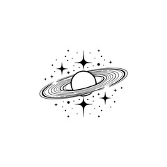 Minimalist Saturn and Stars Illustration, Black and White
