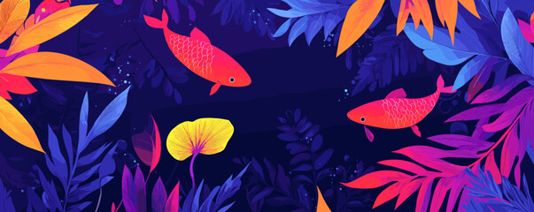 Vibrant foliage and koi fish in a colorful underwater scene, dark background - vector.