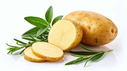 Raw potato with rosemary and sage on white background.