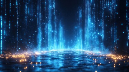 Digital Wave Technology Concept Abstract Data Flow Coding Patterns with Glowing Blue Light Particles in Futuristic Design