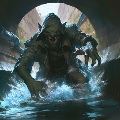 A mythical creature emerging from the depths of an urban sewer, creating a mystical aura.