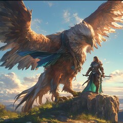 A majestic creature stands tall with a warrior, symbolizing strength and unity.
