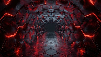 Futuristic hexagonal tunnel with dark metallic textures and red glowing accents in cyberpunk style
