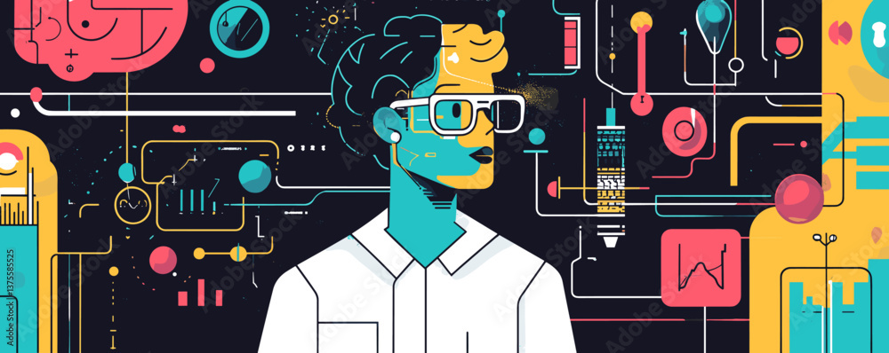 Poster futuristic scientist with technology interface and data visualization - vector.