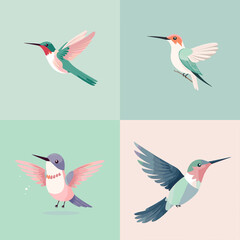 Obraz premium Set of colorful cartoon hummingbirds in flight with soft backgrounds. Ideal for nature themes, kids' books, spring designs, bird illustrations, and educational materials.