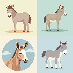 Set of cute cartoon donkeys in various poses and backgrounds. Perfect for children&rsquo;s books, educational materials, farm-themed designs, or animal illustrations.

