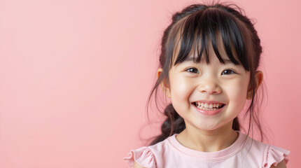 ピンクの背景の前に立ってかわいく微笑む小さな日本の女の子
