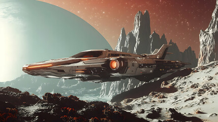 A lone spaceship glides over an alien landscape, a breathtaking journey across a crimson sky and icy plains under a giant planet, bathed in dramatic lighting.