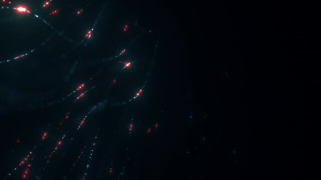 Futuristic glowing abstract blue and red particle string background loop. AI network and advanced technology 3D animation depicting neural networks, artificial intelligence and quantum computing.