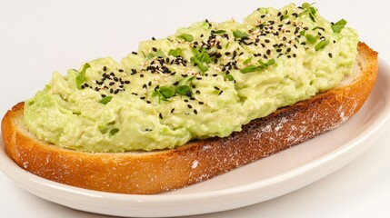 Avocado toast on a plate, topped with sesame seeds and chives. A healthy, simple breakfast or snack option