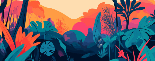 Vibrant tropical jungle landscape with lush foliage and sunset sky - vector.