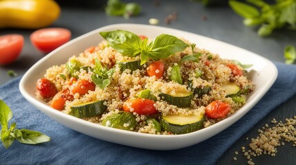 Vibrant Couscous Salad with Fresh Vegetables and Herbs on a Dark Textured Background