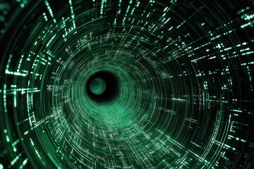 Obraz premium Exploring a vibrant green digital tunnel against a black backdrop, green digital tunnel on black background
