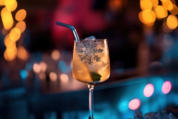 A beautifully crafted cocktail, elegantly served in a stylish glass, illuminated by enchanting soft bokeh lights