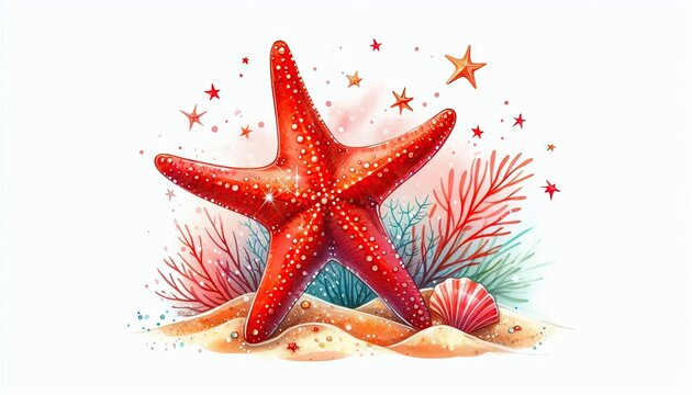 Red starfish with calm mood resting against marine background