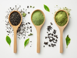 Varieties of tea leaves and powders displayed with wooden scoops