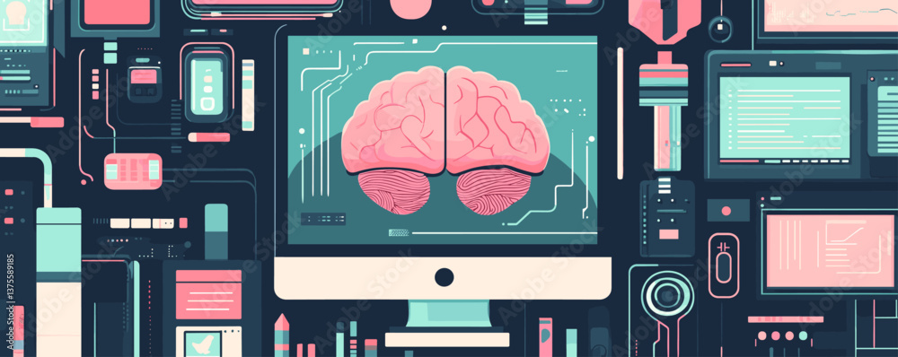 Poster futuristic digital brain interface on computer screen surrounded by technology elements – vector.