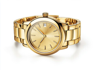Elegant gold watch with shiny bracelet on white background