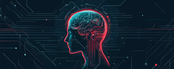 Futuristic human brain circuitry in profile with digital network background - vector.