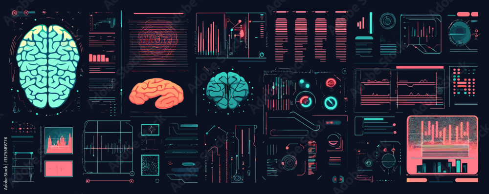Poster Futuristic brain interface with data visualizations and graphs on dark background - vector.