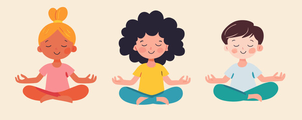 Three happy kids meditating and smiling in a peaceful pose, yoga vector.