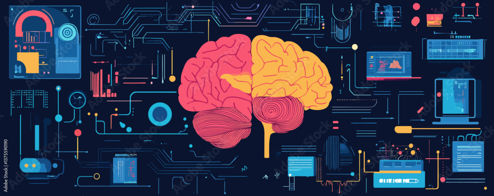 Poster futuristic brain and technology interface with data and circuits - vector.