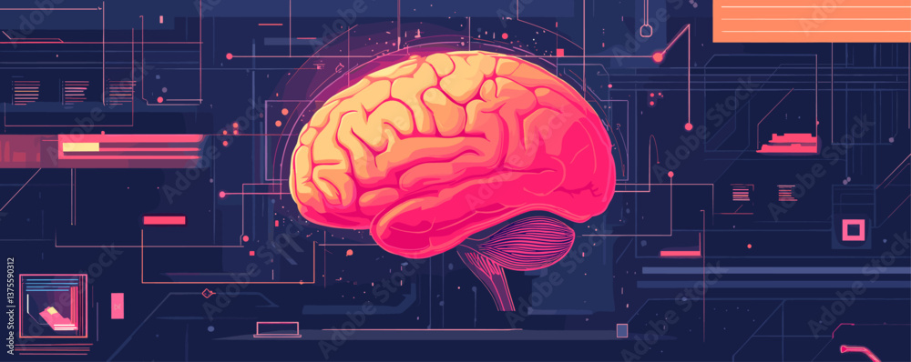 Poster futuristic digital brain with neural circuit elements on dark background - vector.