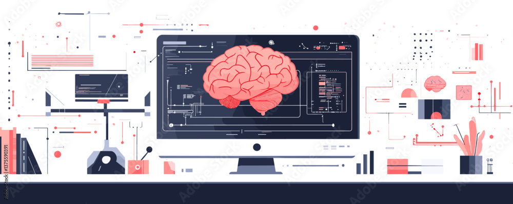 Poster futuristic computer with brain interface and data elements - vector.