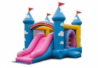 Colorful inflatable bouncy castle with slide, rainbow arch, flags, and cloud designs on a white background.