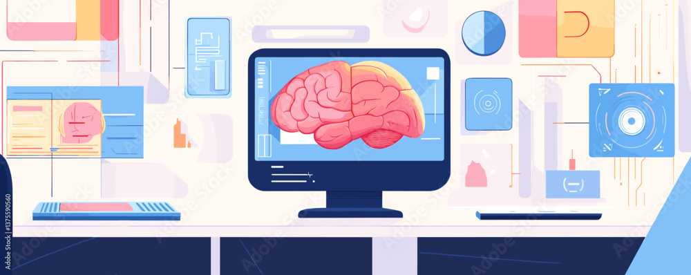 Poster brain analysis on computer with data charts and graphs, scientific study, research lab - vector.