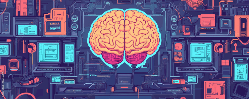Poster futuristic cyber brain with retro computers and circuitry background - vector.