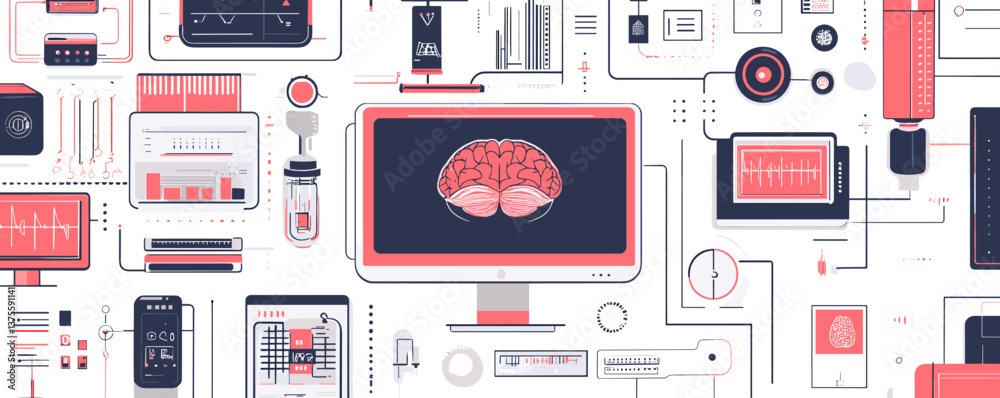 Poster futuristic brain technology interface on screens with data charts and tech elements - vector.