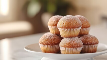 Stacked cupcakes dusted with sugar sit elegantly on a marble plate. Soft focus creates a sweet, inviting scene