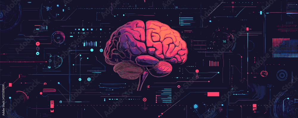 Poster futuristic brain with digital interface and data elements in neon colors - vector.