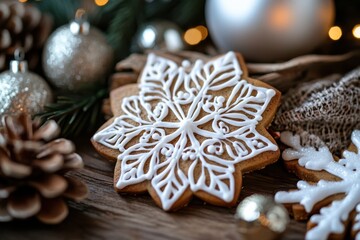 A beautiful gingerbread snowflake cookie, intricately decorated with icing, perfect for holiday decor