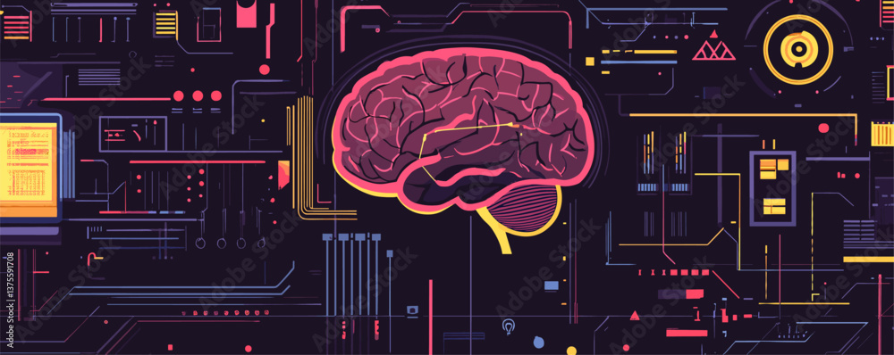 Poster futuristic brain interface with digital circuits and data elements - vector.