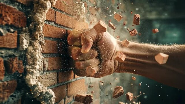 Forceful Impact: A Powerful Fist Shattering a Brick Wall with Explosive Energy and Determination