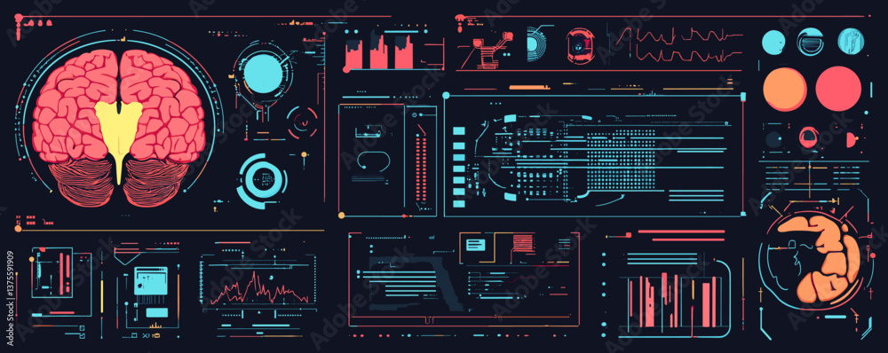 Poster futuristic brain and data interface with technology hud design elements - vector.