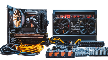 Close up of computer components including motherboards fans and cables on a dark background