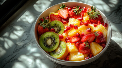 Fresh fruit bowl with kiwi, pineapple, strawberries, and pomegranate