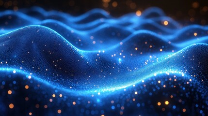 futuristic abstract digital waveforms blue neon light technology background with smooth flowing lines and high-detail particle textures