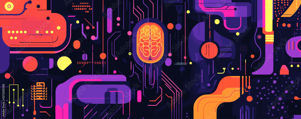 Poster futuristic circuit design with brain symbol and abstract elements in vibrant colors - vector.