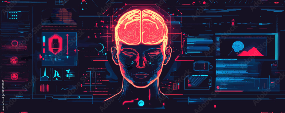 Poster futuristic ai interface with human brain and data panels in tech environment - vector.