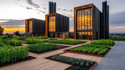 Fototapeta premium Modern Architectural Design Featuring a Stunning Rooftop Garden at Sunset