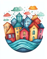 Naklejka premium Colorful houses in a whimsical coastal setting.