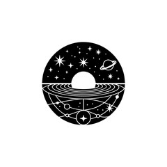 Celestial Circle: Minimalist Space Illustration in Black and White