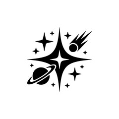 Black Space Elements: Starburst, Planets, Comet Icon