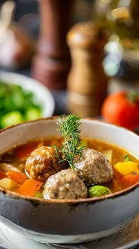 Close up of hearty meatball soup brimming with colorful vegetables and fresh rosemary.
